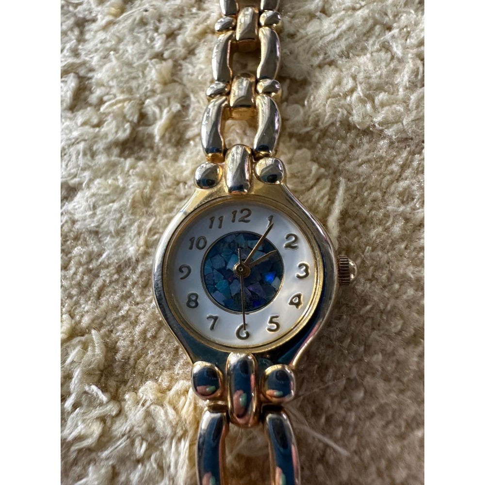 Express Vintage Gold Tone Watch 7"Abalone Dial Arabic Numerals Link EX1351 EUC